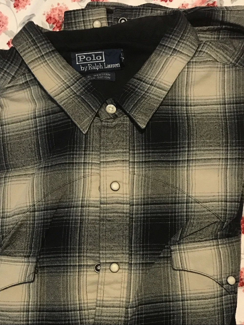Polo by Ralph Lauren Black and Cream Plaid Button-Down Western Shirt